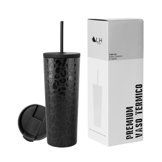 Vaso Térmico Premium 700ml + 2 Tapas Negro Leopardo