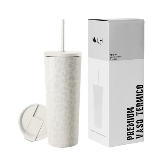 Vaso Térmico Premium 700ml + 2 tapas Blanco Leopardo