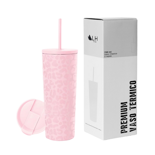 Vaso Térmico Premium 700ml + 2 tapas Rosado Leopardo